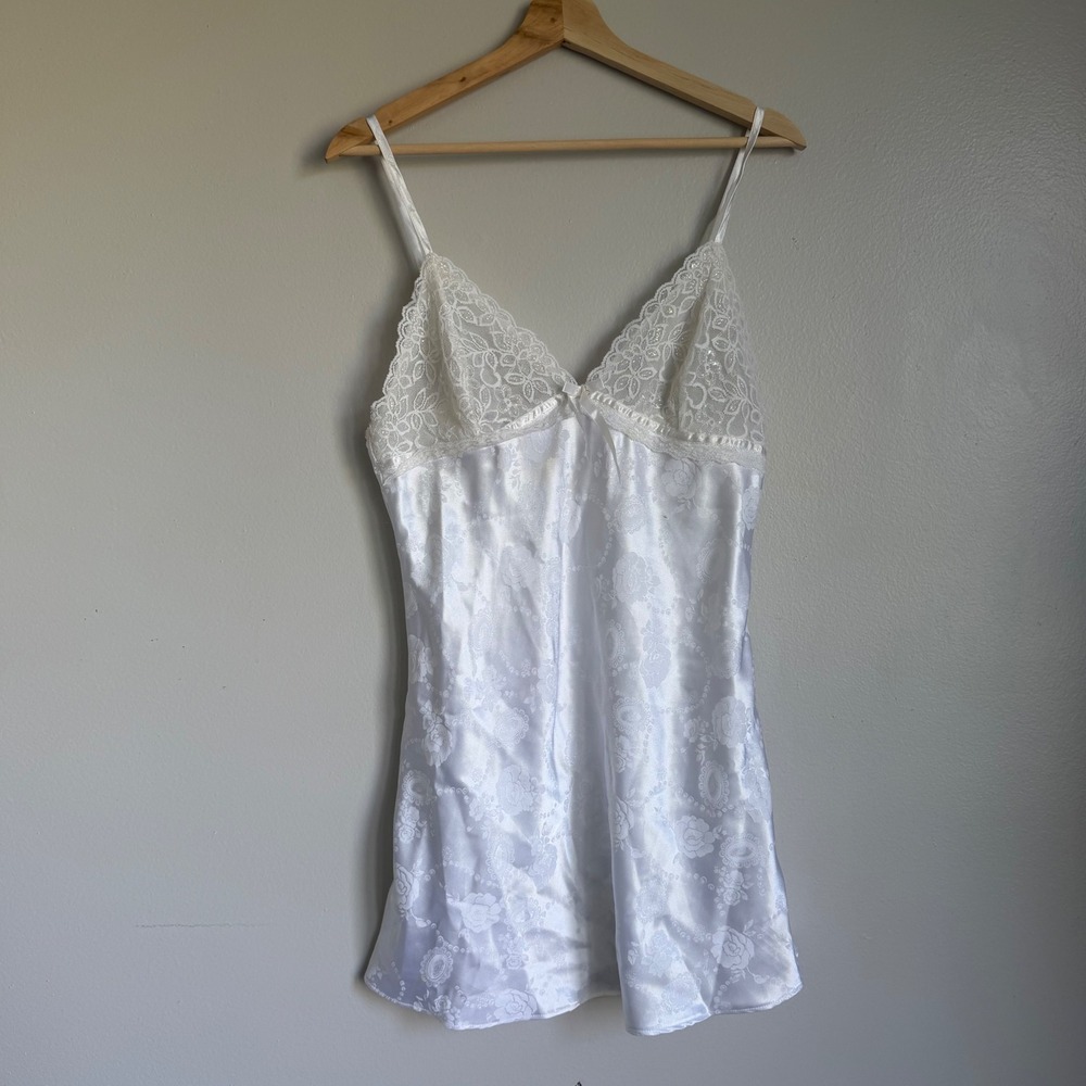 Vintage Kathryn White Satin Floral Lace Trim Slip‎ Dress sz M Bridal Honeymoon